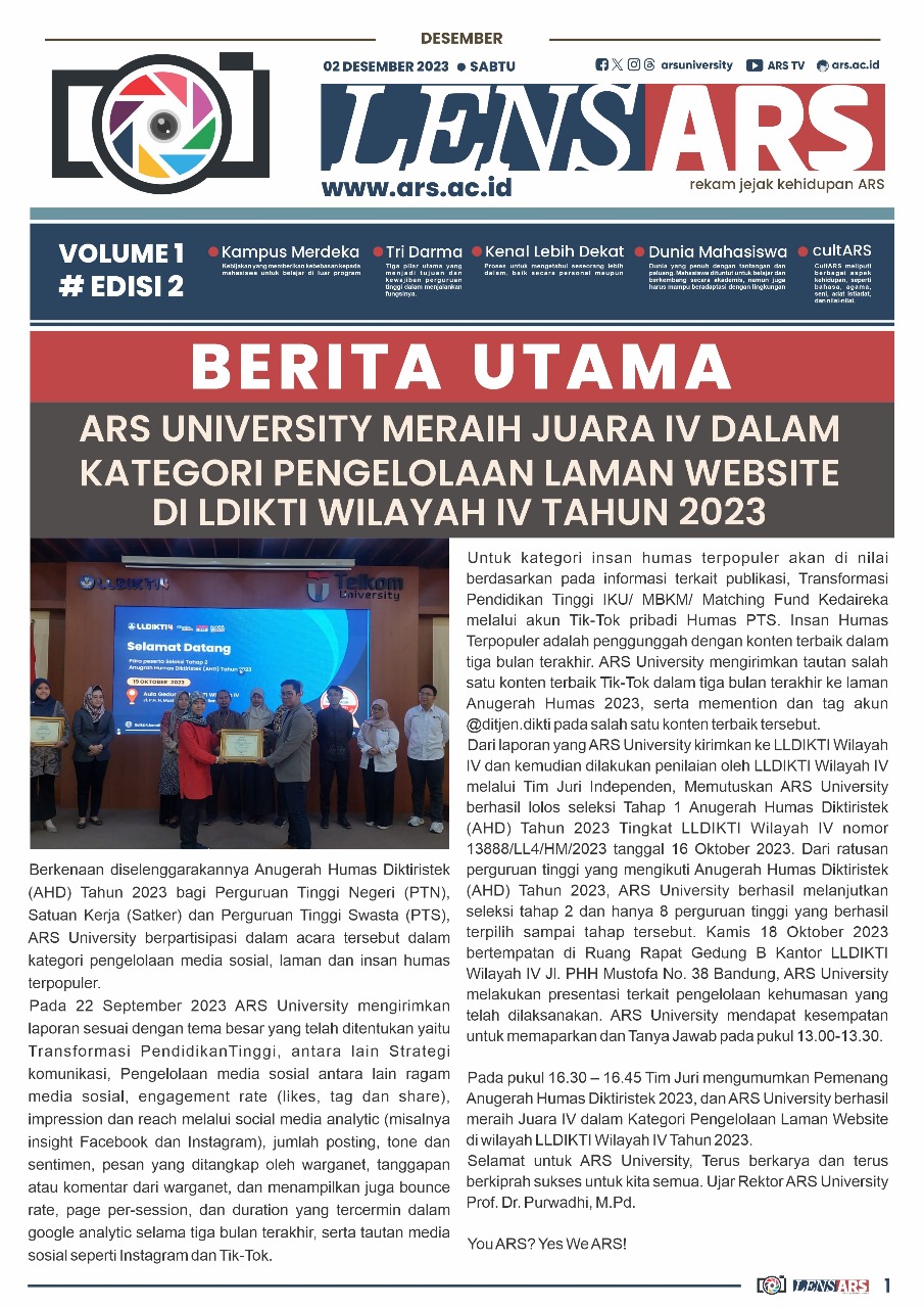 Lensa ARS #Edisi 2 Volume 1, 2 Desember 2023, Juara IV Pengelolaan Website